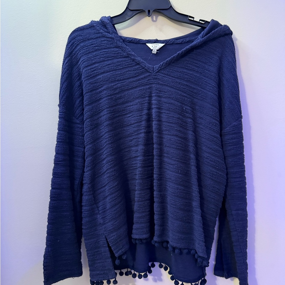 Blue Hooded Sweater with Pom Pom Hem